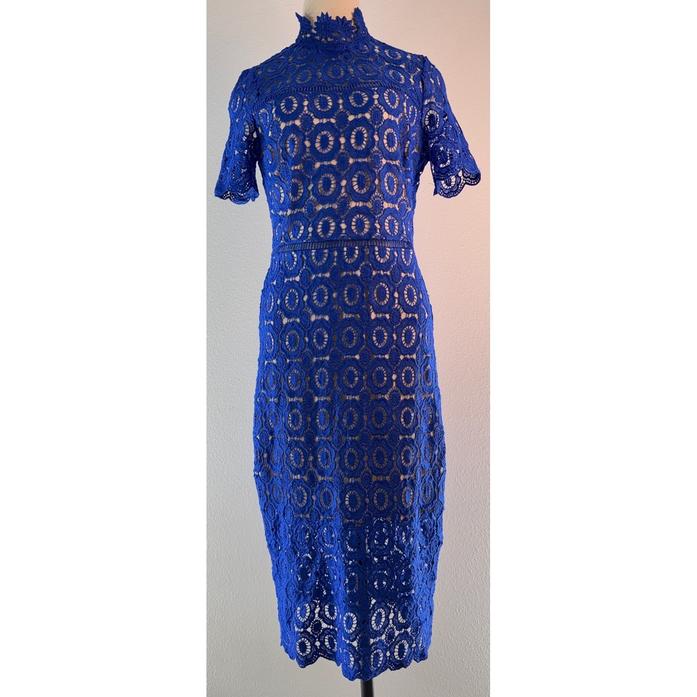 The Clothing Company Blue Lace Midi Dress Geometric Sheath Boho Cottage Medium